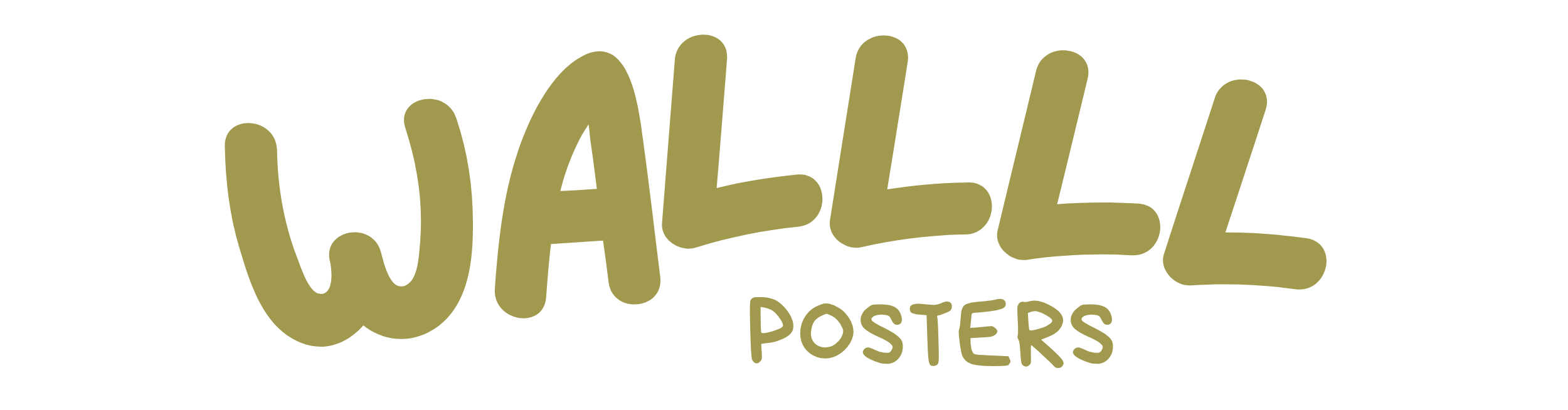 Het olijfgroene logo van Wallll Posters. De merknaam 'WALLLL' is geschreven in grote, speelse en afgeronde letters, met daaronder in het klein het woord 'POSTERS', op een transparante achtergrond.
