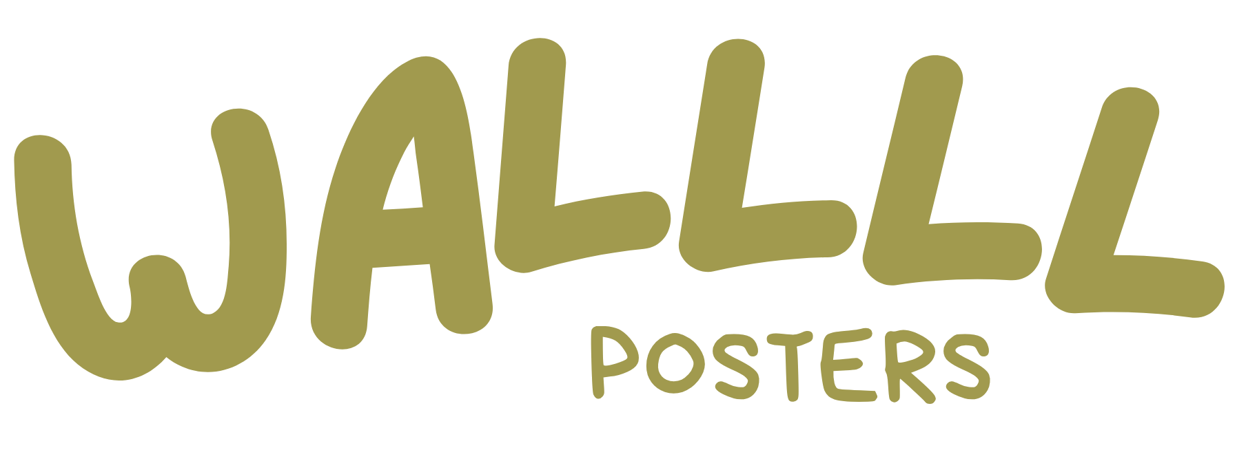 Het olijfgroene logo van Wallll Posters. De merknaam 'WALLLL' is geschreven in grote, speelse en afgeronde letters, met daaronder in het klein het woord 'POSTERS', op een transparante achtergrond.