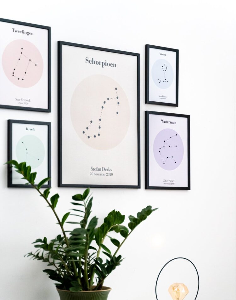 Set van zwarte ingelijste sterrenbeeld posters op een witte muur met een ZZ-plant. De centrale poster toont het sterrenbeeld Schorpioen met de naam 'Stefan Derks' en de datum '20 november 2020'.