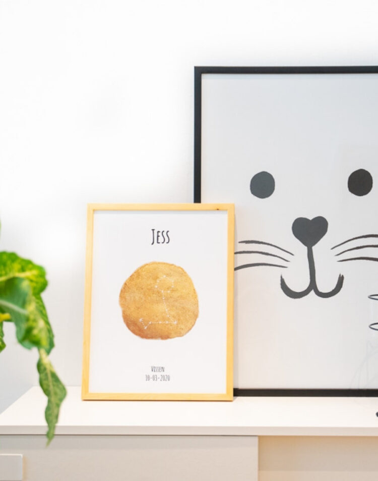Close-up van een ingelijste kinderposter met het sterrenbeeld Vissen, naam Jess en datum in een houten lijst, staand op een witmubel naast een grotere zwarte lijst met kattengezicht.