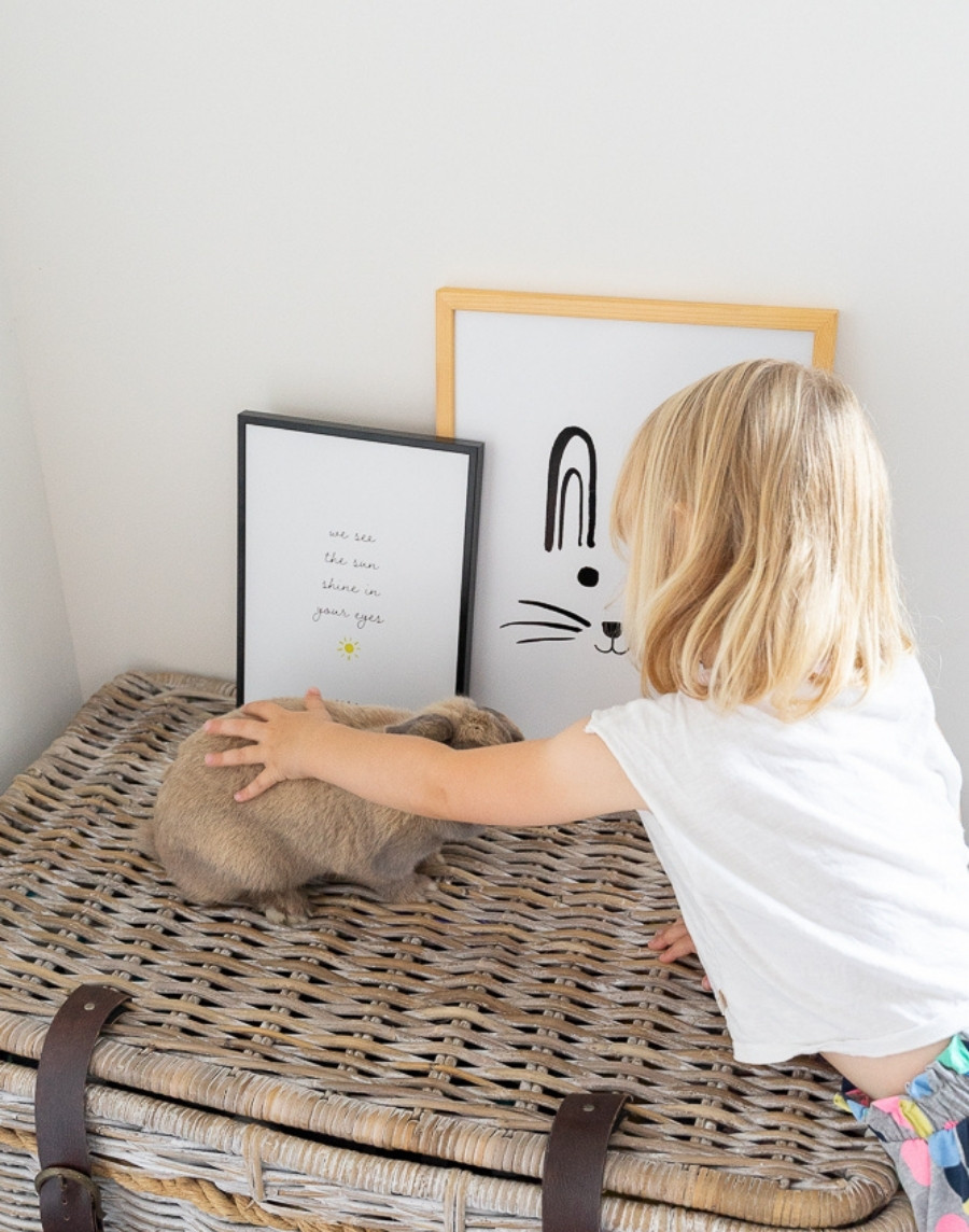 Blond kindje dat een dwergkonijn aait op een rotan kist, met op de achtergrond een ingelijste kinderposter van een konijnensnuit in een houten lijst en een quote poster.