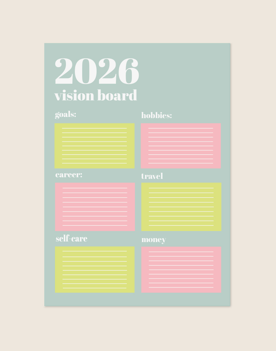 Een pastelblauwe poster met bovenaan in witte letters '2026 vision board'. Op de poster staan zes rechthoekige vlakken met horizontale witte schrijflijnen. De blokken zijn afwisselend limoengroen en pastelroze gekleurd. Boven elk blok staat een categorie in het wit: goals, hobbies, career, travel, self-care en money.