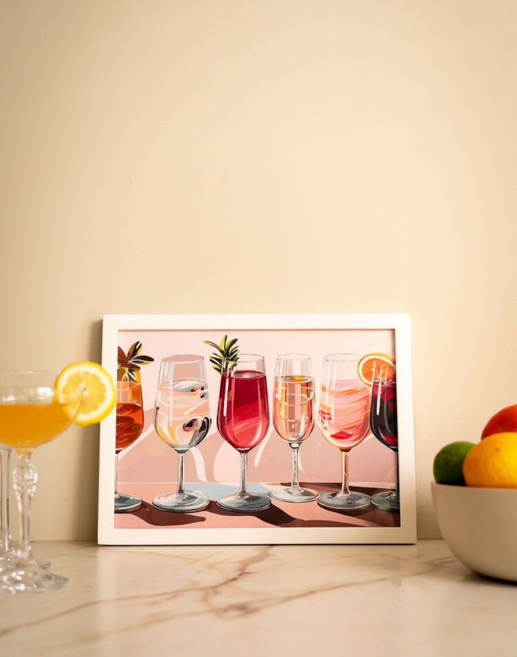 Liggende ingelijste poster met een kleurrijke illustratie van verschillende cocktailglazen in een witte lijst op een marmeren keukenaanrecht.