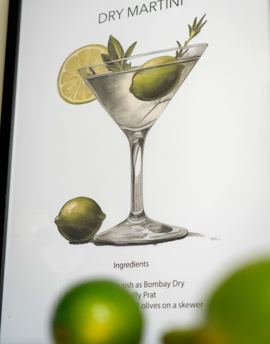 Close-up van een ingelijste poster met een gedetailleerde illustratie van een Dry Martini cocktail en de bijbehorende ingrediënten.