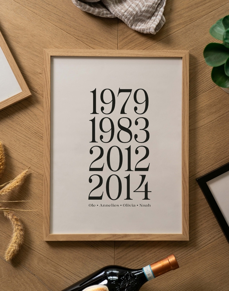 Ingelijste gepersonaliseerde jaartallen poster in eikenhouten lijst op een visgraat houten vloer, met de jaren 1979, 1983, 2012, 2014 en de namen Ole, Annelies, Olivia en Noah.