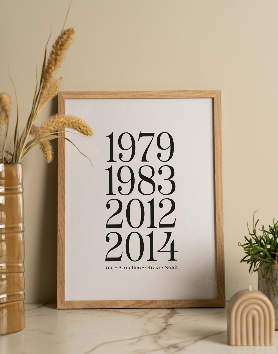 Gepersonaliseerde houten lijst poster met vier belangrijke jaartallen (1982, 1985, 2016, 2018) en namen (Eva, Lucas, Amelie, Sam).
