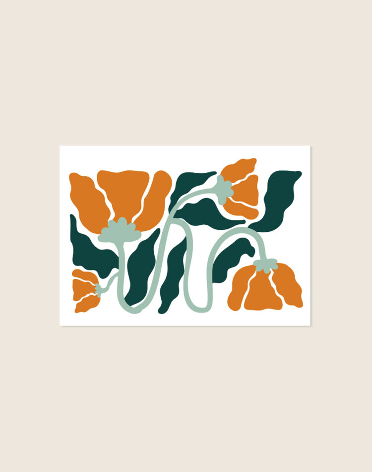 Liggende botanische poster met een abstracte illustratie van kronkelende lichtgroene stelen met oranje bloemen en diepgroene bladeren op een witte achtergrond.