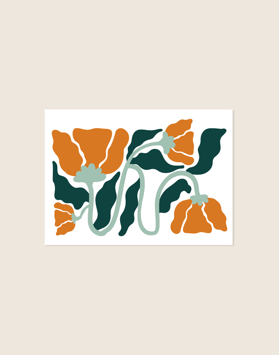 Liggende botanische poster met een abstracte illustratie van kronkelende lichtgroene stelen met oranje bloemen en diepgroene bladeren op een witte achtergrond.