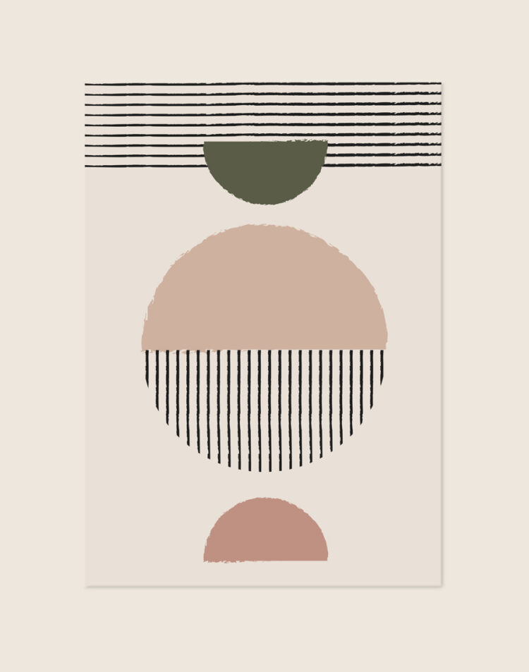 Minimalistische abstracte poster met geometrische vormen in olijfgroen, poederroze, terracotta en gestreepte zwarte lijnen op een warmgrijze achtergrond.
