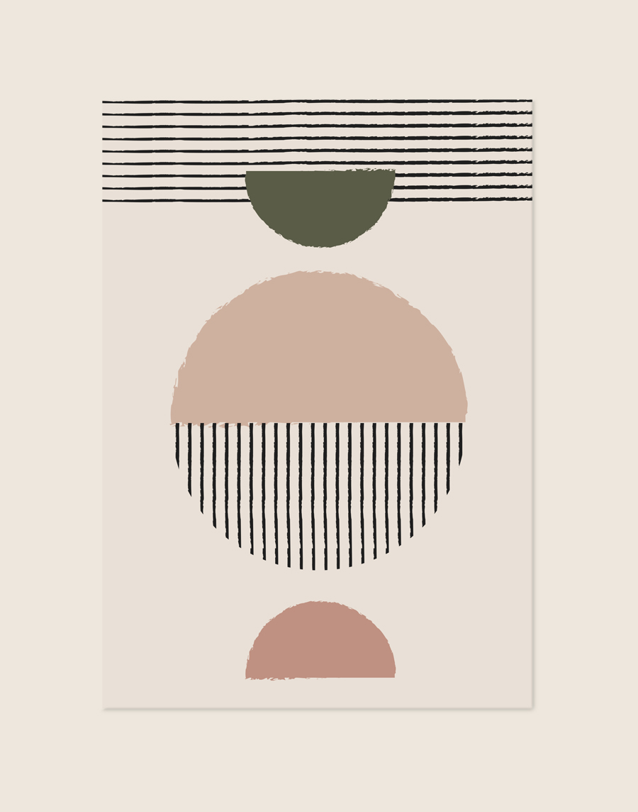 Minimalistische abstracte poster met geometrische vormen in olijfgroen, poederroze, terracotta en gestreepte zwarte lijnen op een warmgrijze achtergrond.