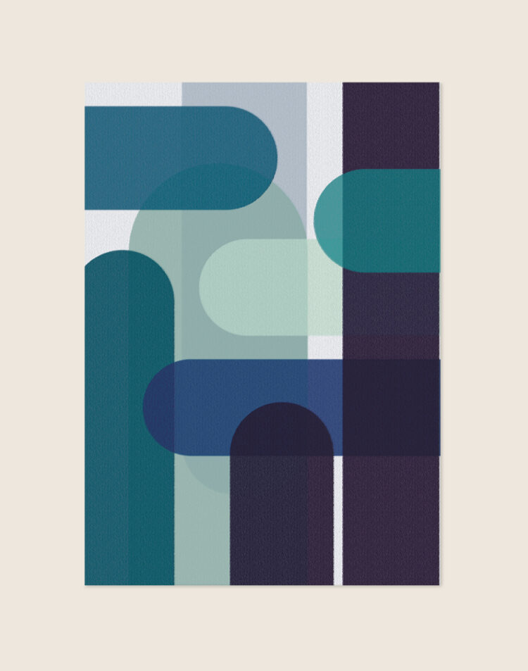 Abstracte geometrische poster met een gelaagde compositie van afgeronde balken en bogen in petrolblauw, teal, mintgroen en donker paarsblauw.