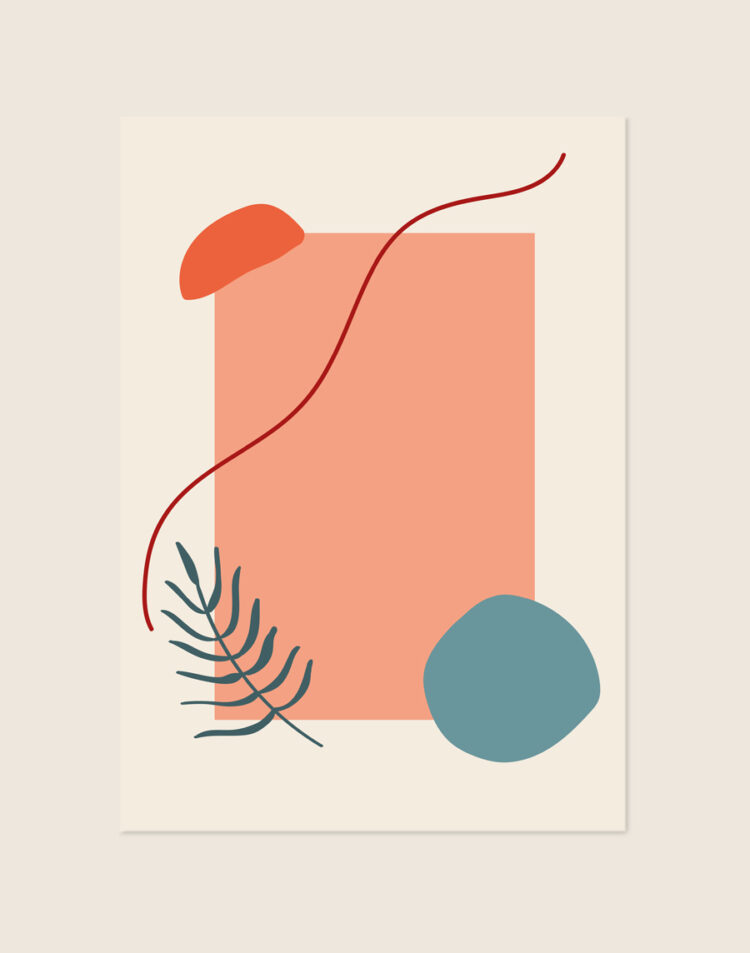 Minimalistische abstracte poster met een koraalroze vlak, dieprode golvende lijn, petrolblauw organisch vlak en een botanisch palmblad op een crèmekleurige achtergrond.