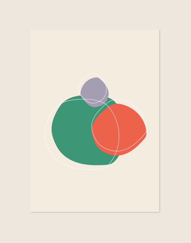 Minimalistische abstracte poster met organische ronde vormen in smaragdgroen, koraaloranje en lila-paars met fijne witte lijnkunst op een crèmekleurige achtergrond.