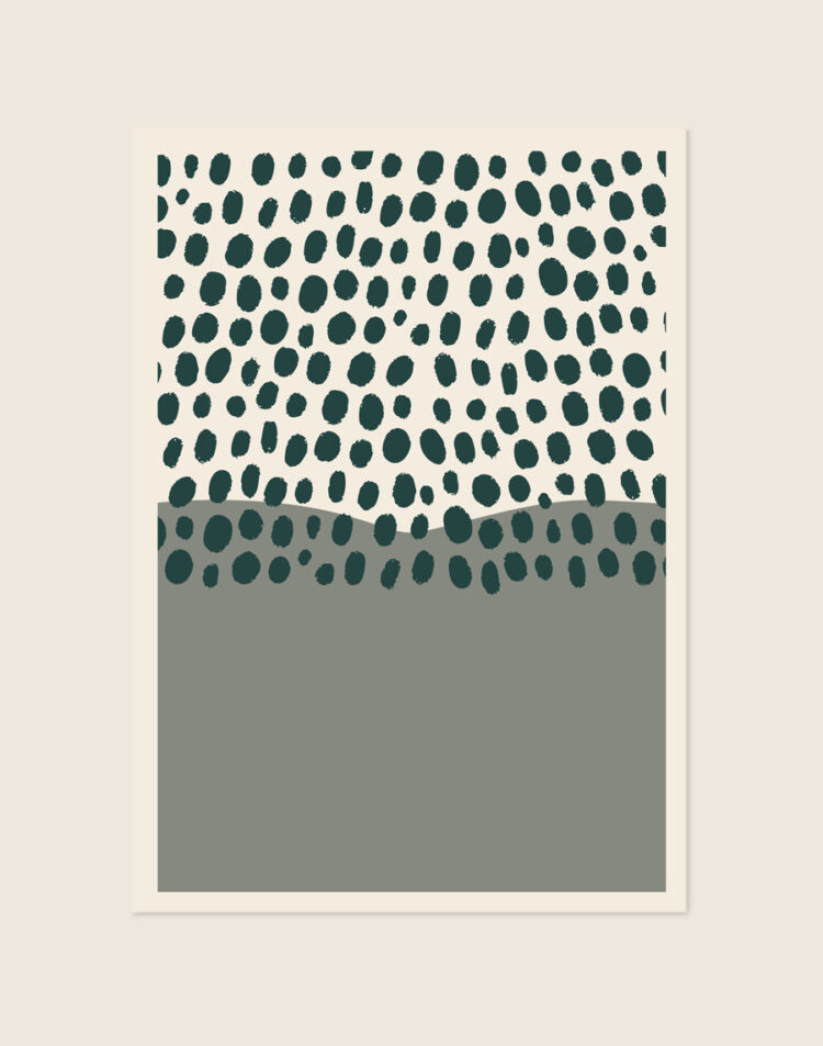 Minimalistische abstracte poster met donkergroene stippen op een crèmekleurige achtergrond en een effen saliegroen vlak aan de onderzijde.