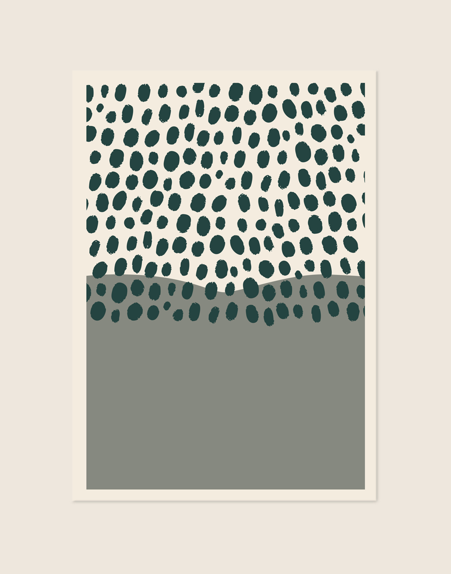 Minimalistische abstracte poster met donkergroene stippen op een crèmekleurige achtergrond en een effen saliegroen vlak aan de onderzijde.