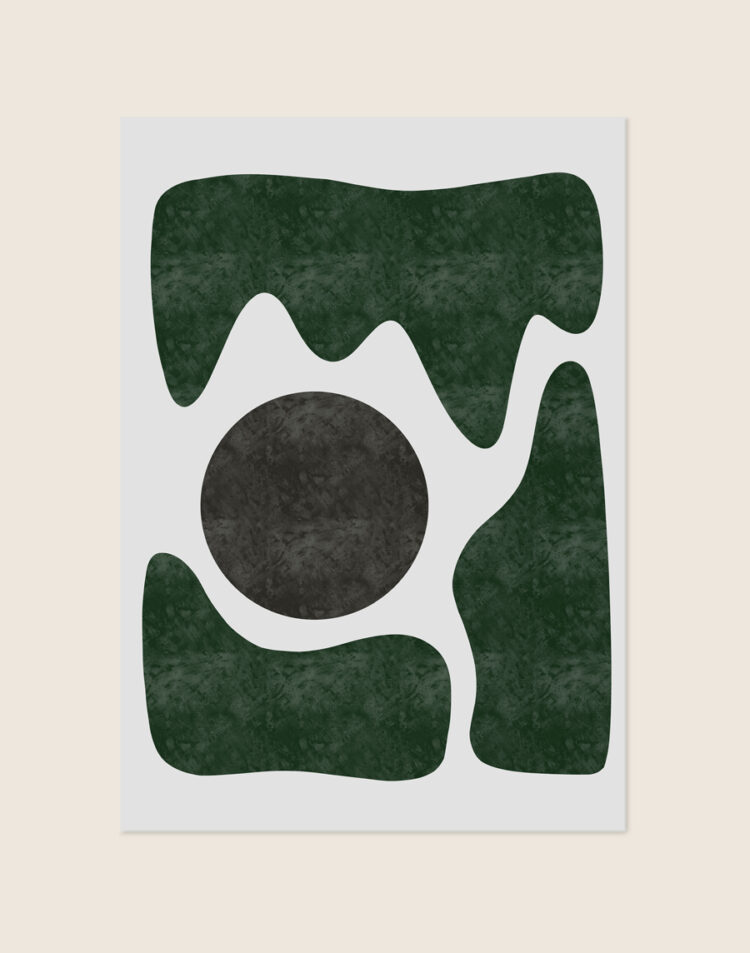Minimalistische abstracte poster met golvende donkergroene vormen en een donkergrijze cirkel op een lichtgrijze achtergrond.