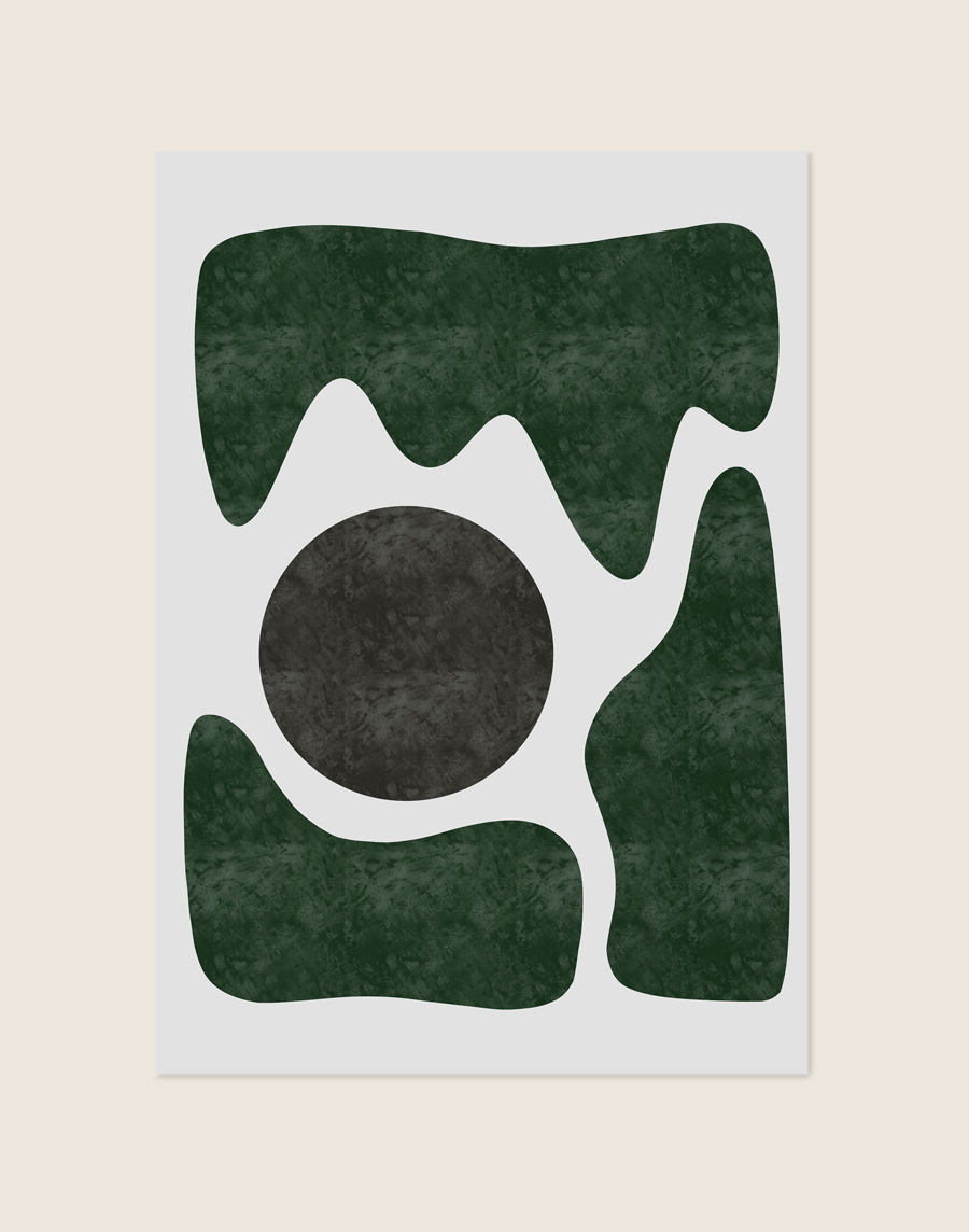 Minimalistische abstracte poster met golvende donkergroene vormen en een donkergrijze cirkel op een lichtgrijze achtergrond.