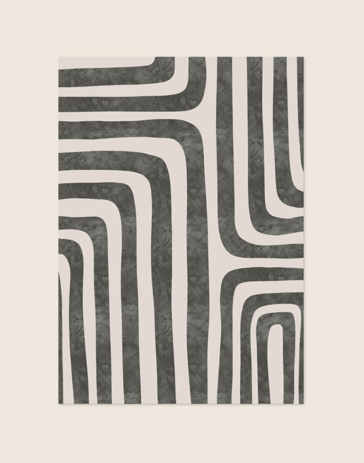 Minimalistische abstracte poster met een ritmisch patroon van brede antracietgrijze gebogen lijnen met textuur op een lichtgrijze achtergrond.