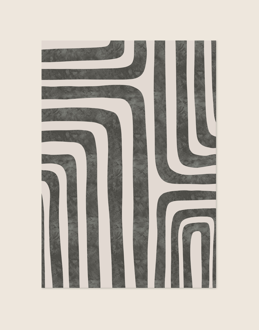 Minimalistische abstracte poster met een ritmisch patroon van brede antracietgrijze gebogen lijnen met textuur op een lichtgrijze achtergrond.