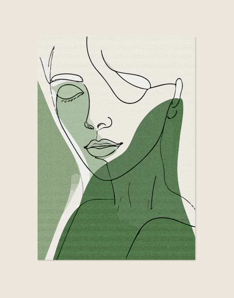Minimalistische poster met een zwarte lijntekening van een vrouwengezicht gecombineerd met organische kleurvlakken in mosgroen en saliegroen op een lichte achtergrond.