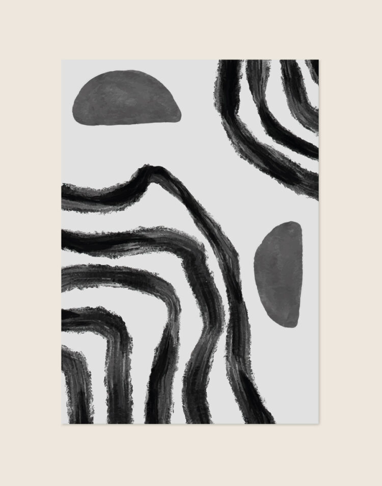 Minimalistische abstracte poster met zwarte, golvende inktstreken en twee donkergrijze halve cirkels met penseeltextuur op een lichtgrijze achtergrond.