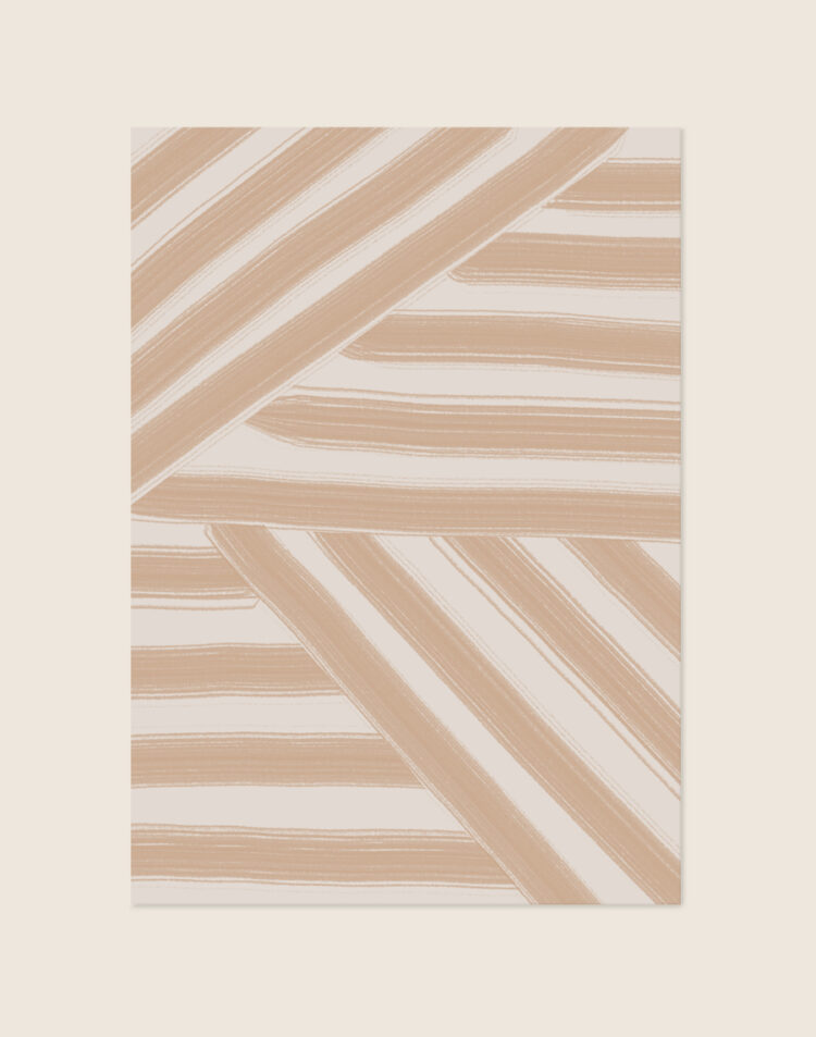 Minimalistische abstracte poster met geometrische vlakken van beige en nude kwaststreken op een zachte crèmekleurige achtergrond.