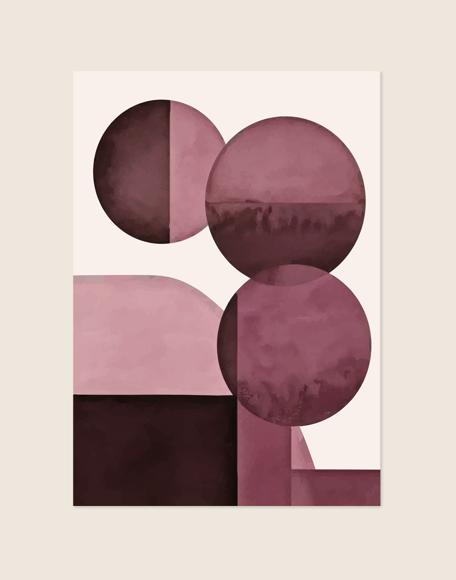 Abstracte geometrische poster met aquarel textuur en gelaagde cirkels en vlakken in auberginepaars, plum en zacht mauve-roze op een beige achtergrond.