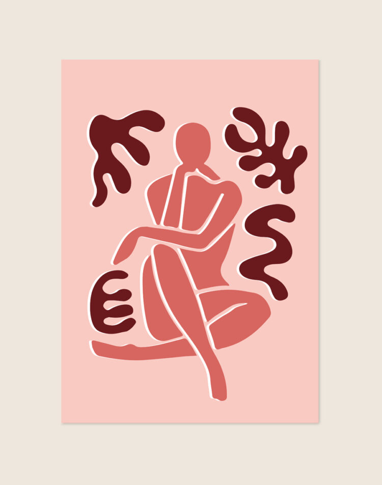 Abstracte poster met een zittend figuur in koraalroze en bordeauxrode organische koraalvormen in Matisse-stijl op een poederroze achtergrond.