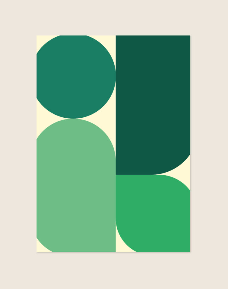 Modern abstracte poster met grote afgeronde geometrische vlakken en een cirkel in verschillende groentinten op een lichte achtergrond.
