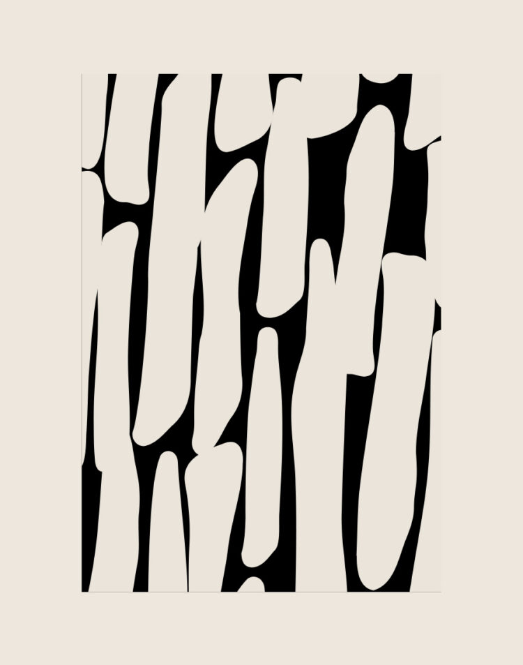 Een abstracte poster met een hoog contrast. De afbeelding toont een grafisch patroon van dikke, verticale en organisch gevormde, gebroken witte vlakken op een effen zwarte achtergrond. De lichte vormen variëren in lengte en breedte en doen denken aan grove, vloeiende penseelstreken of langwerpige, afgeronde stenen.