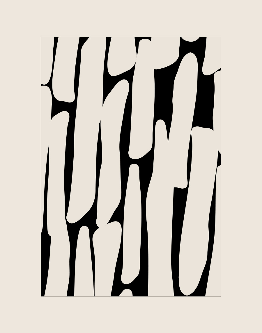 Een abstracte poster met een hoog contrast. De afbeelding toont een grafisch patroon van dikke, verticale en organisch gevormde, gebroken witte vlakken op een effen zwarte achtergrond. De lichte vormen variëren in lengte en breedte en doen denken aan grove, vloeiende penseelstreken of langwerpige, afgeronde stenen.