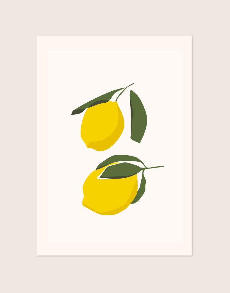Minimalistische botanische poster met een abstracte illustratie van twee gele citroenen aan takjes met olijfgroene bladeren op een gebroken witte achtergrond.