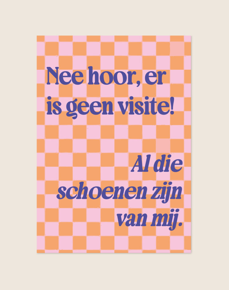 Vrolijke poster met roze-oranje blokpatroon en paarsblauwe tekst 'Nee hoor, er is geen visite! Al die schoenen zijn van mij.'