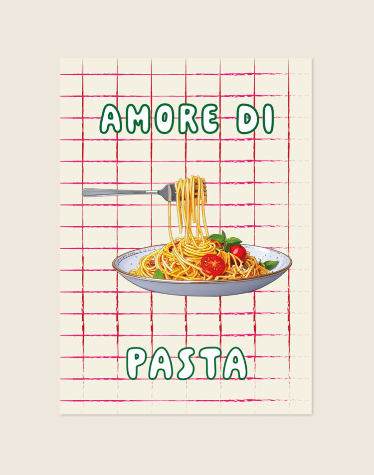 Stijlvolle culinaire poster met de tekst 'Amore Di Pasta' en sfeervolle Italiaanse elementen, warm opgehangen boven een rijkgedekte eettafel in een gezellige keuken.