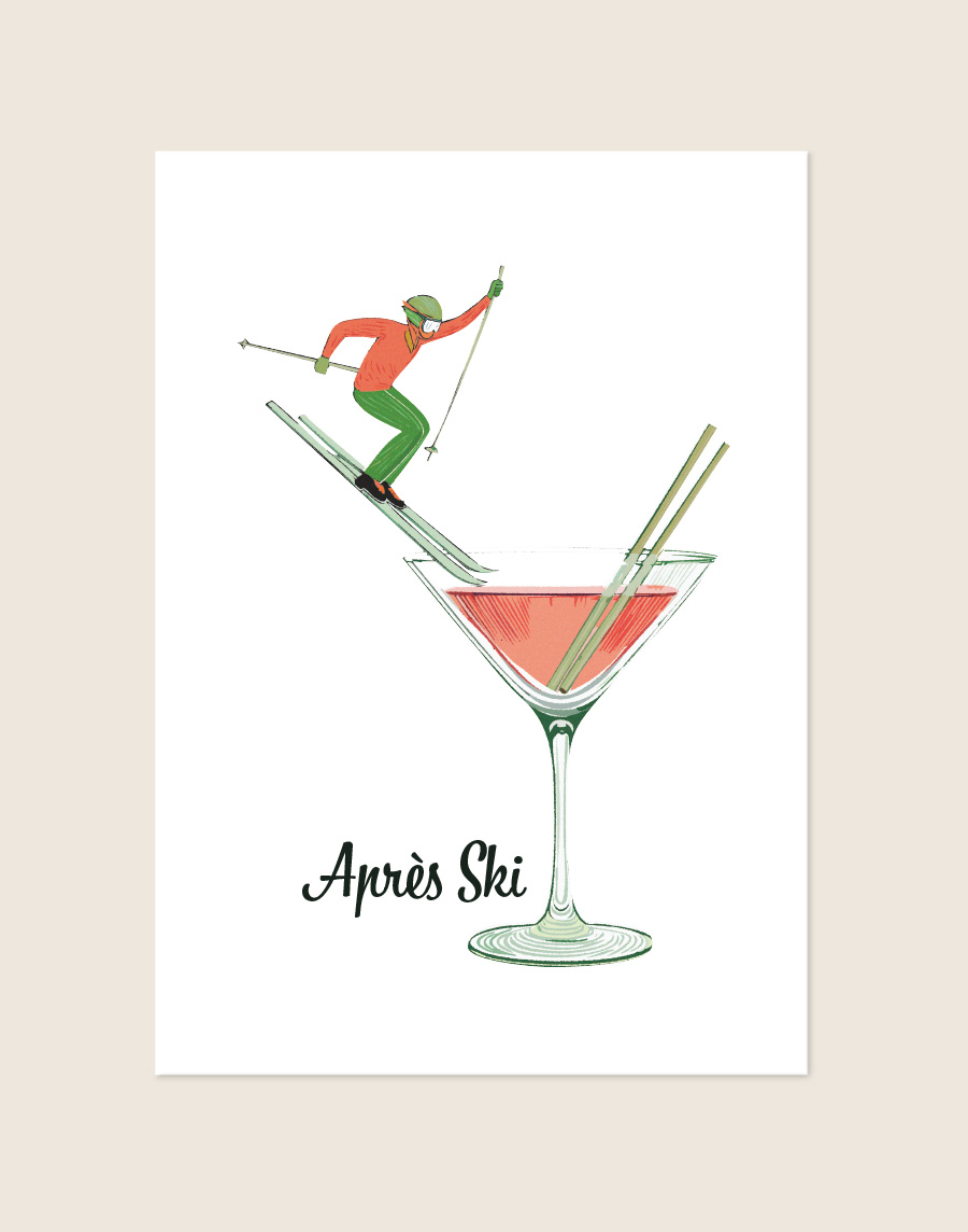 Een illustratie op een witte achtergrond van een skiër in een rood shirt en groene broek die van het glas van een roze cocktail af skiet, met onderaan de zwarte tekst 'Après Ski'.