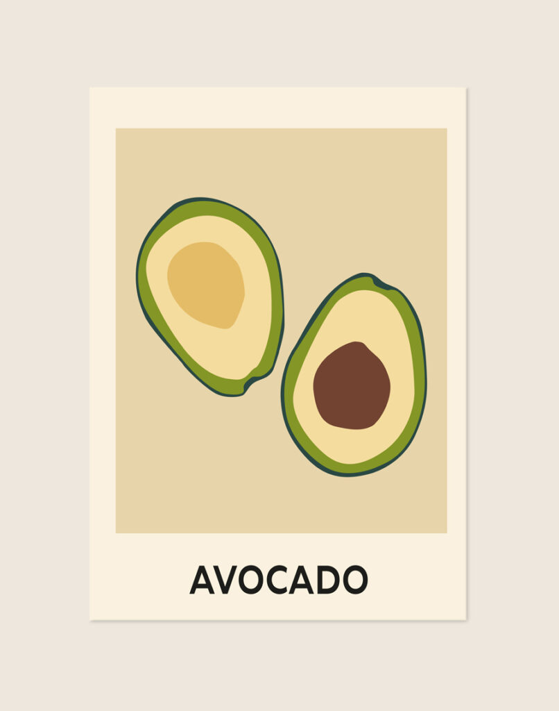 Stijlvolle artistieke poster met een afbeelding van een avocado, sfeervol opgehangen aan de muur in een lichte keuken.