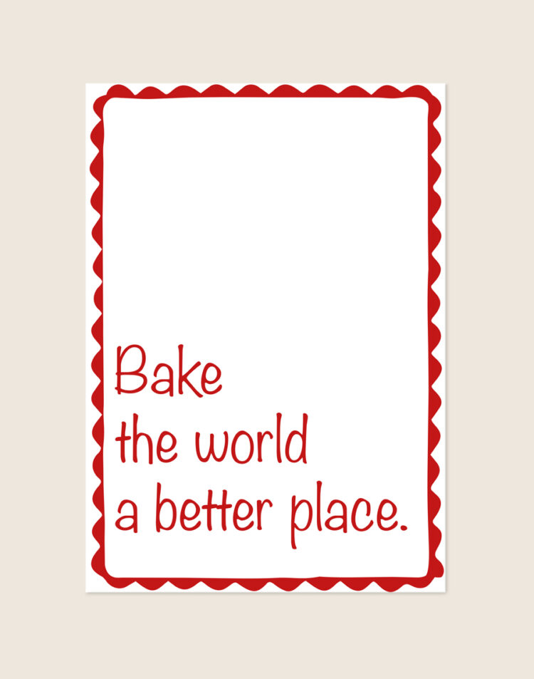 Stijlvolle typografische poster met het woord Bake, sfeervol opgehangen aan een neutrale muur in een lichte en moderne keuken.