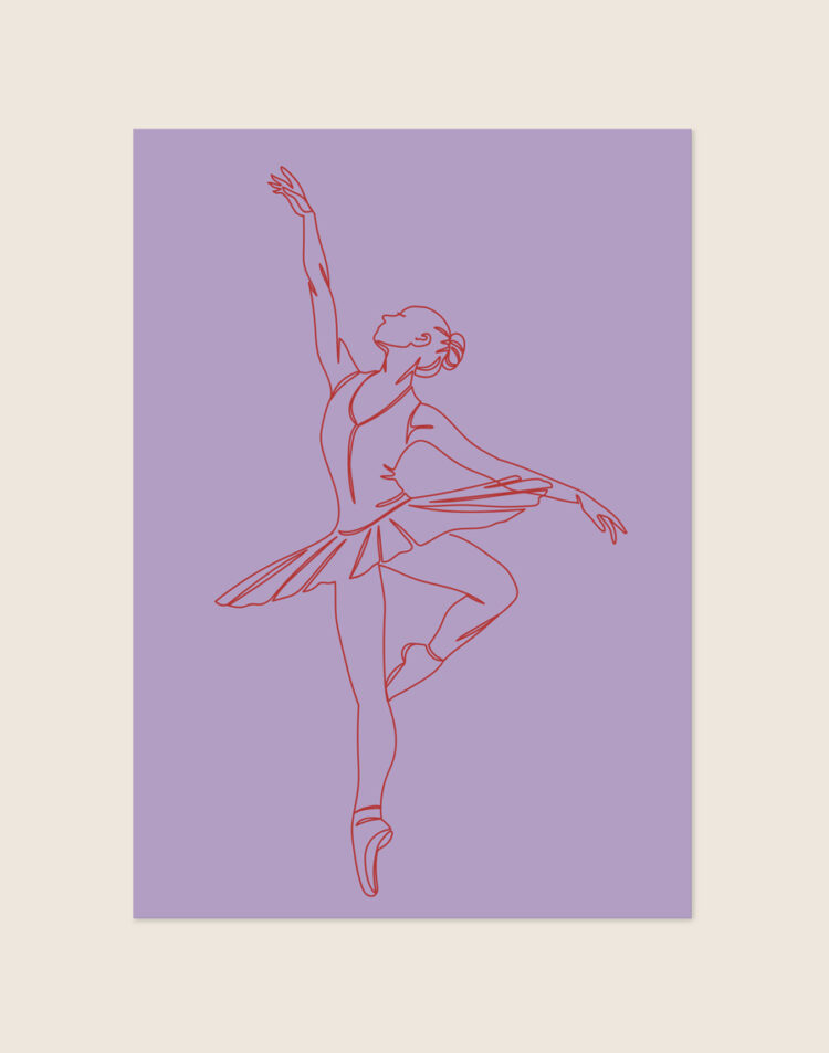 Stijlvolle lila-paarse poster met een rode line art tekening van een ballerina in tutu op spitzen.