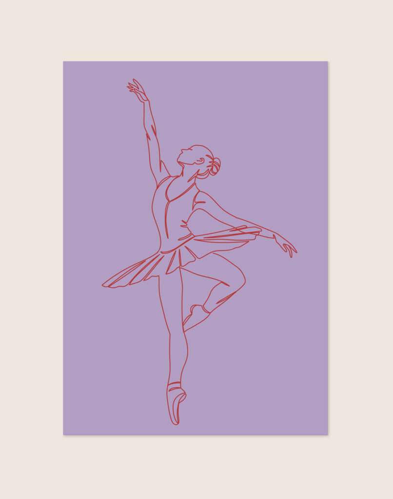 Stijlvolle lila-paarse poster met een rode line art tekening van een ballerina in tutu op spitzen.