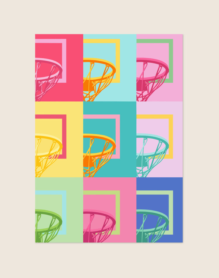 Een kleurrijke pop-art poster met een raster van negen vlakken. In elk vlak staat een grafische illustratie van een basketbalring in wisselende, heldere pastelkleuren zoals roze, geel, groen en blauw.