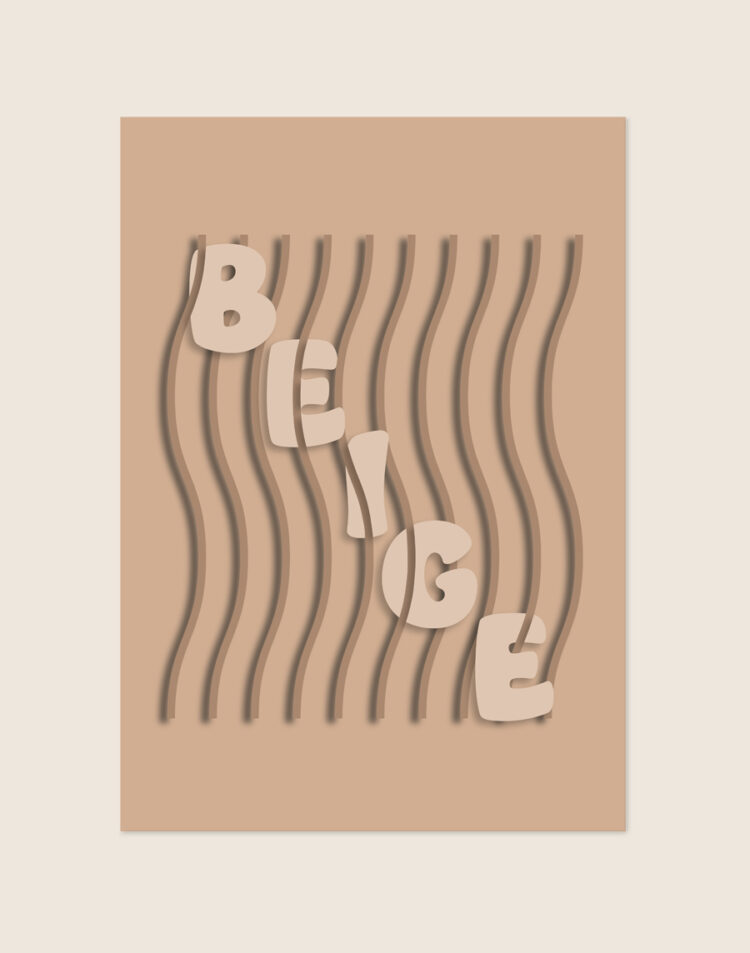 Grafische poster in aardetinten met het woord beige in lichte letters geplaatst tussen zandkleurige golvende verticale lijnen, sfeervol opgehangen in een warm interieur.