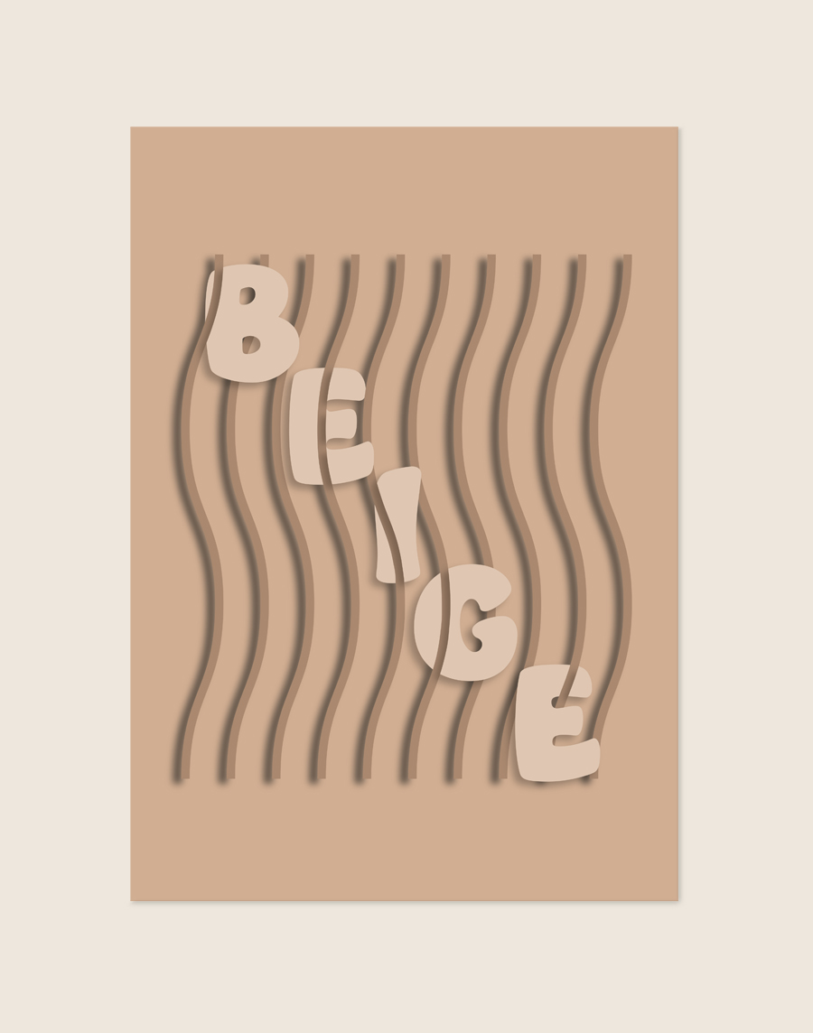 Grafische poster in aardetinten met het woord beige in lichte letters geplaatst tussen zandkleurige golvende verticale lijnen, sfeervol opgehangen in een warm interieur.