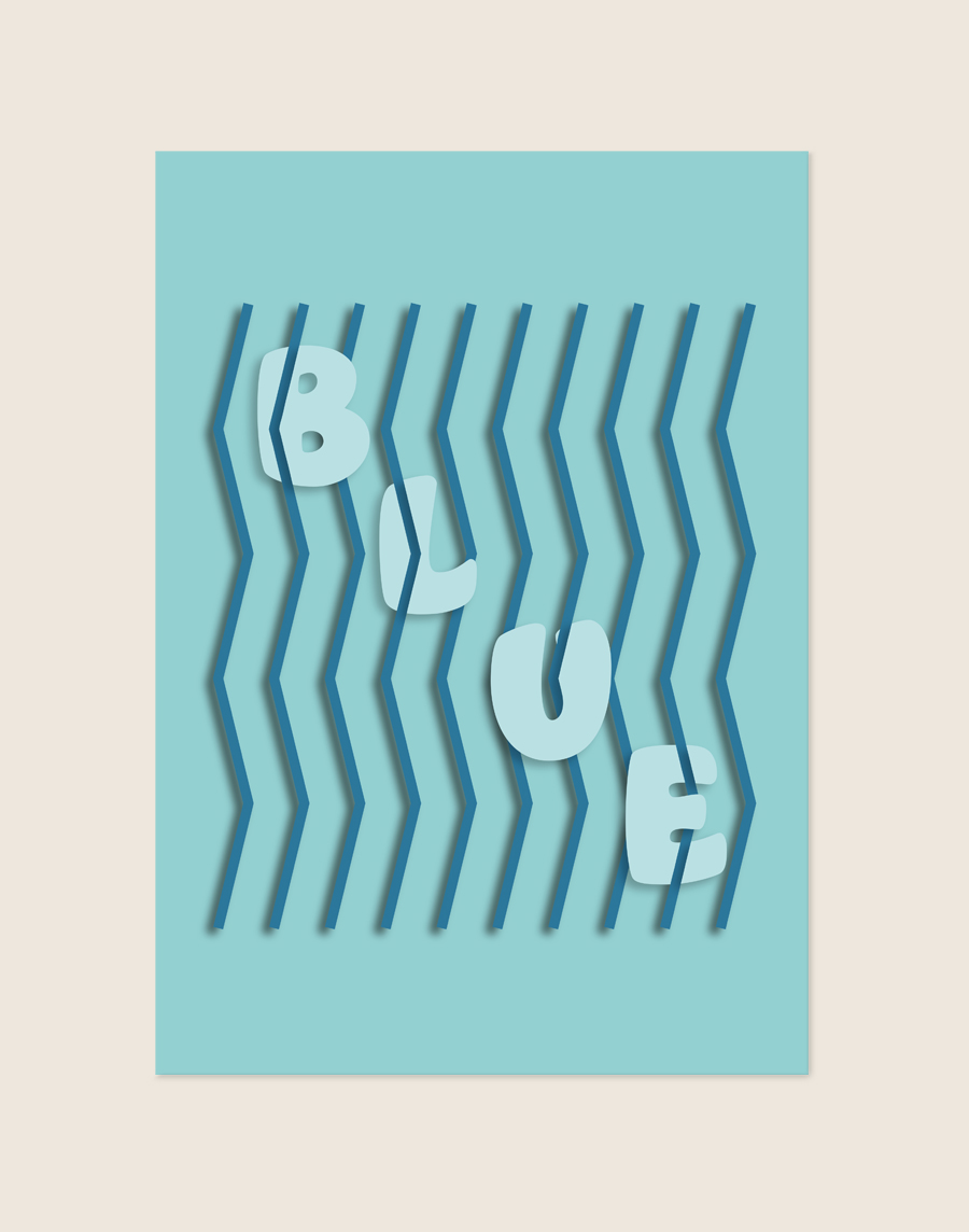Grafische poster in blauwe tinten met het woord blue in lichtblauwe ronde letters geplaatst tussen donkerblauwe verticale zigzaglijnen, sfeervol opgehangen in een modern interieur.