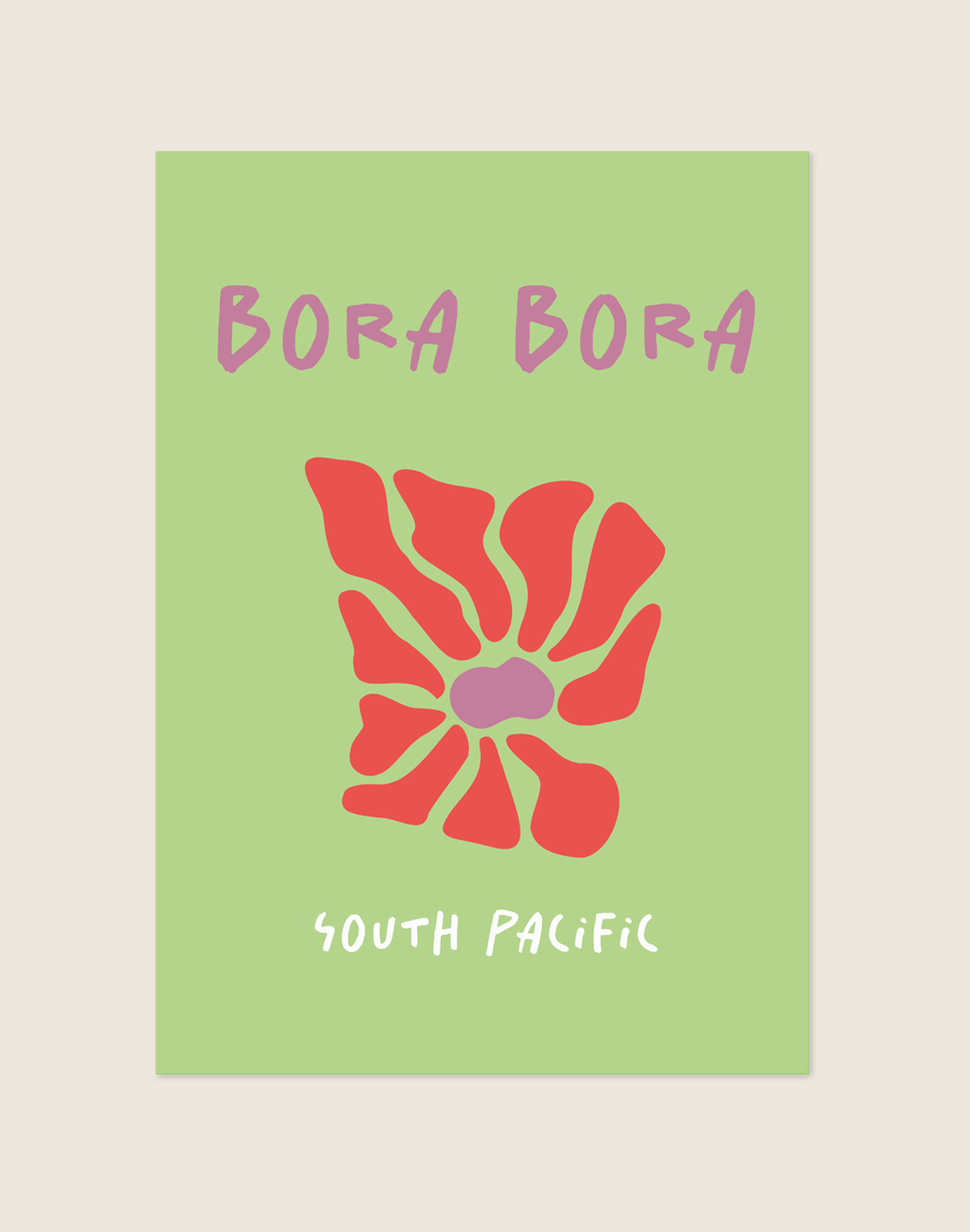 Grafische poster met een abstracte rode bloemvorm op een zachtgroene achtergrond, voorzien van de handgeschreven tekst Bora Bora in het roze en South Pacific in het wit.