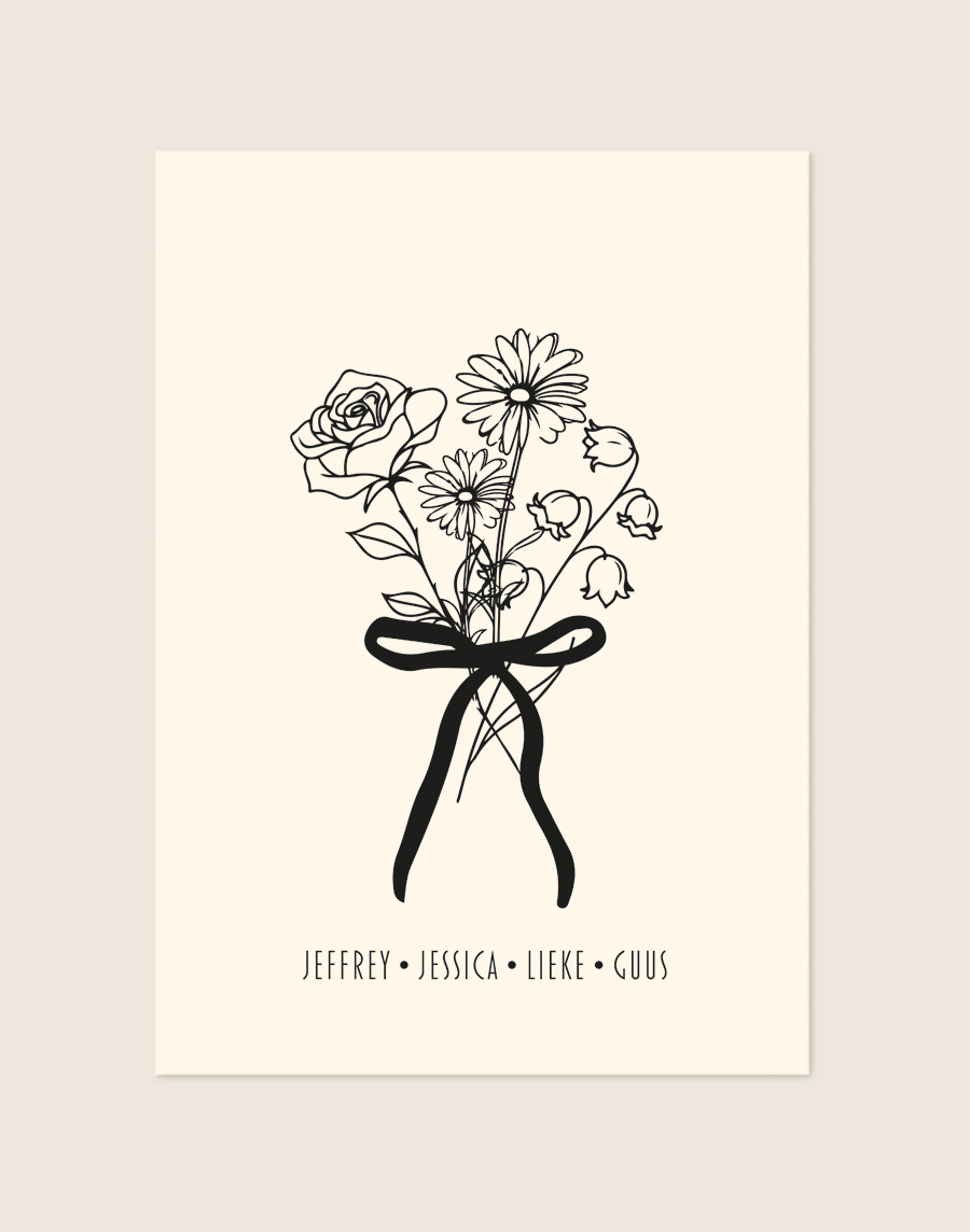 Een warme, zacht beige poster met een verfijnde, zwarte line-art illustratie van een elegant boeket geboortebloemen, samengebonden met een zwart lint. Onder het boeket staan meerdere gepersonaliseerde namen op één regel, gescheiden door stipjes, in een strak en modern lettertype.