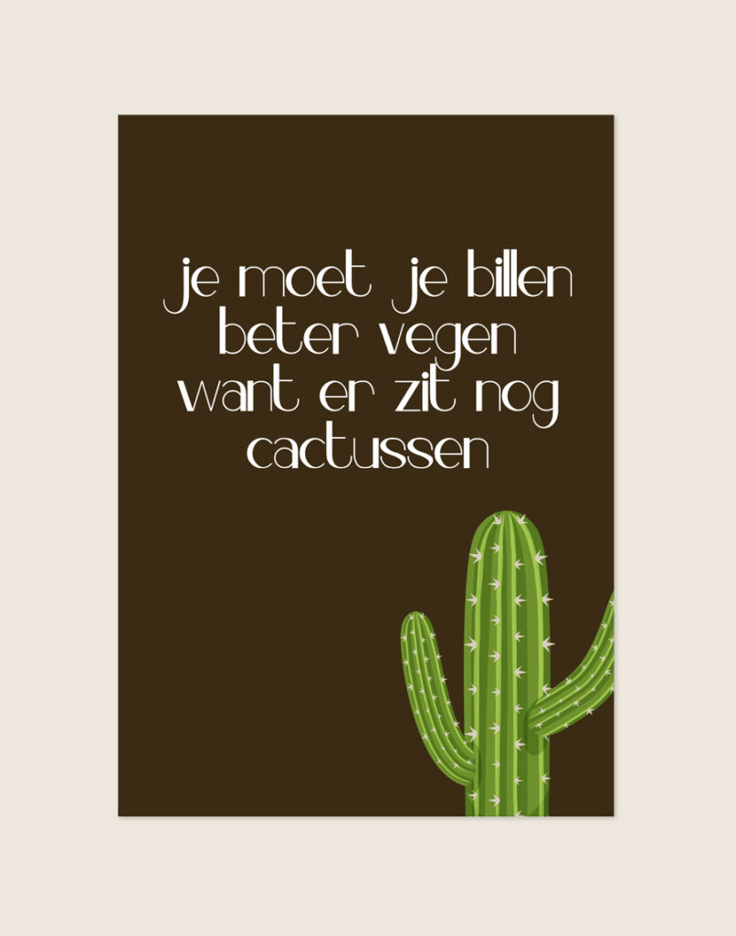 Grappige bruine toiletposter met een groene cactus illustratie en de tekst Je moet je billen beter vegen want er zit nog cactussen, sfeervol opgehangen in een moderne toiletruimte.