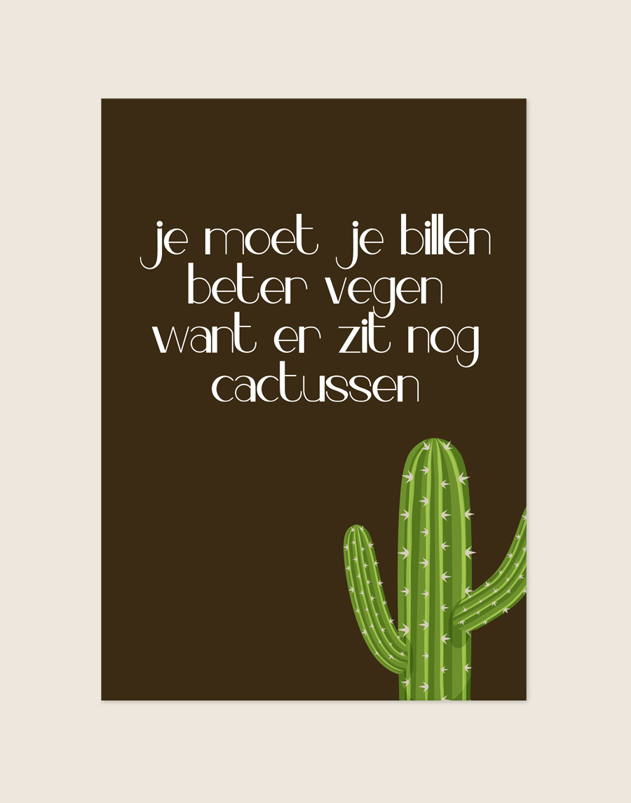Grappige bruine toiletposter met een groene cactus illustratie en de tekst Je moet je billen beter vegen want er zit nog cactussen, sfeervol opgehangen in een moderne toiletruimte.
