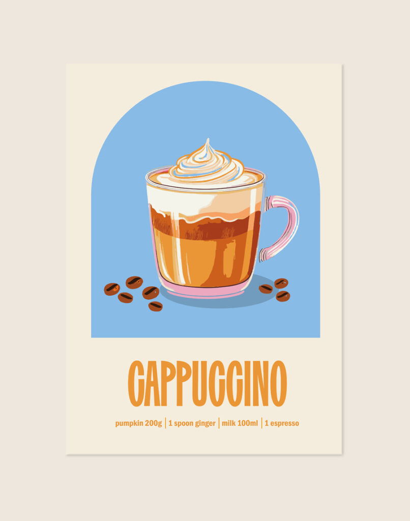 Stijlvolle typografische poster geïnspireerd op cappuccino, sfeervol opgehangen aan de muur boven een koffiehoek in een moderne keuken.