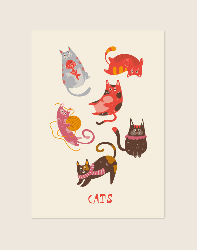 Het beeldbestand "Cats.jpg", dat een vrolijke kinderposter toont met een crèmekleurige achtergrond. Op de poster staan zes verschillende, kleurrijke illustraties van speelse katten, waaronder een kat met een vis en een kat met een bolletje wol. Onderaan staat de tekst "CATS" in speelse rode letters.