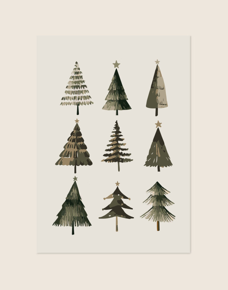 Lichte kerstposter met een illustratie van negen verschillende, handgeschilderde kerstbomen in zachte groene en bruine aardetinten.